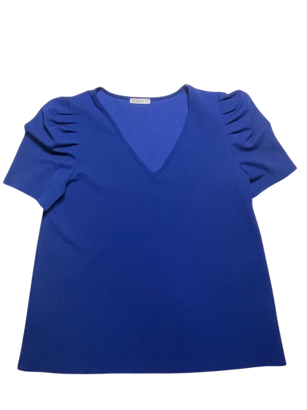 Jodifl Women’s Royal Blue V-Neck Puff Sleeve Round Hem Top Blouse Size Small